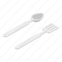 cartoon, fork, isometric, silhouette, spoon, use