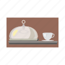 cartoon, cloche, coffee, cup, dish, food, tray