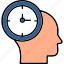 clock, face, head, mental, mind, planning, process, time, icon 