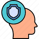 protection, head, human, insurance, mind, shield, thinking, icon