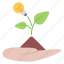 bulb, earth, hand, idea, leaf, sprout, startup 