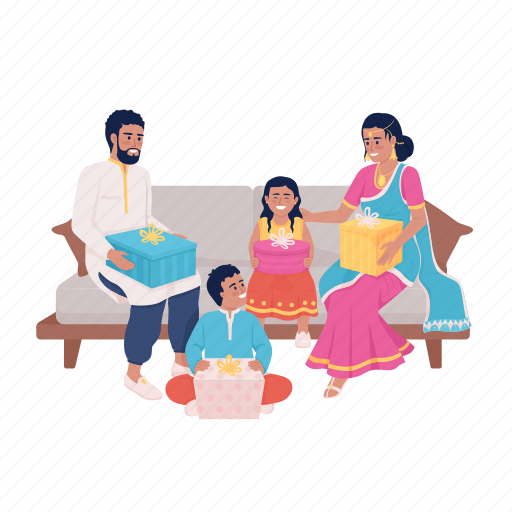 Family, exchanging gifts, indian holidays, indian culture illustration - Download on Iconfinder