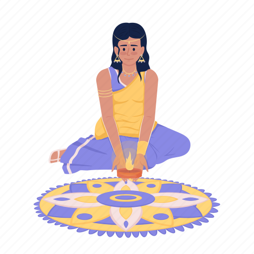 Girl in sari, candle on rangoli, indian holidays, indian culture illustration - Download on Iconfinder