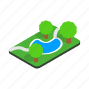 green, isometric, nature, outdoor, park, pond, tree