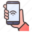 hand, on, smartphone, mobile, wifi, connection 