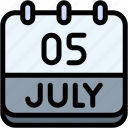 calendar, july, five, date, monthly, time, and, month, schedule