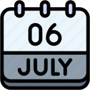 calendar, july, six, date, monthly, time, and, month, schedule