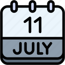 calendar, july, eleven, date, monthly, time, and, month, schedule