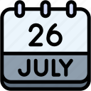 calendar, july, twenty, six, date, monthly, time, month, schedule