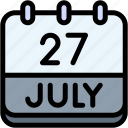 calendar, july, twenty, seven, date, monthly, time, and, month, schedule