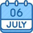 calendar, july, six, date, monthly, time, and, month, schedule