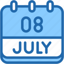 calendar, july, eight, date, monthly, time, and, month, schedule