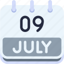 calendar, july, nine, date, monthly, time, and, month, schedule