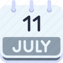 calendar, july, eleven, date, monthly, time, and, month, schedule