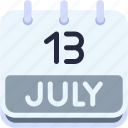 calendar, july, thirteen, date, monthly, time, month, schedule
