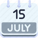 calendar, july, fifteen, date, monthly, time, and, month, schedule