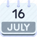 calendar, july, sixteen, date, monthly, time, and, month, schedule
