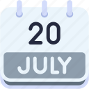calendar, july, twenty, date, monthly, time, and, month, schedule
