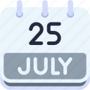calendar, july, twenty, five, date, monthly, time, and, month, schedule