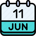 calendar, june, eleven, date, monthly, time, and, month, schedule