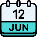 calendar, june, twelve, date, monthly, time, and, month, schedule