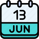 calendar, june, thirteen, date, monthly, time, and, month, schedule