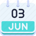 calendar, june, three, 3, date, monthly, time, and, month, schedule