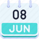 calendar, june, eight, date, monthly, time, and, month, schedule