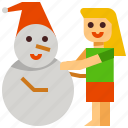 snowman, girl, kid, playing, winter