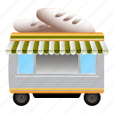 bread, business, cartoon, dog, food, kiosk, person