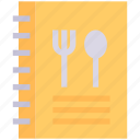 book, cook, fork, notebook, recipe, spoon 