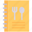 book, cook, fork, notebook, recipe, spoon 