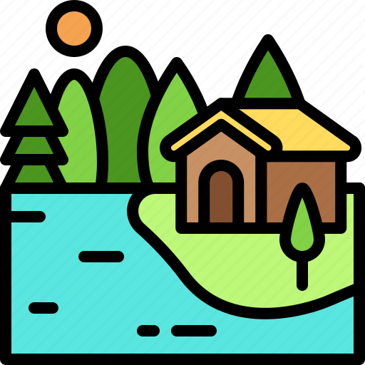 Landscape, land, terrain, cottage, lake icon - Download on Iconfinder