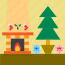 christmas, christmas tree, fireplace, home, house, living room, ornament