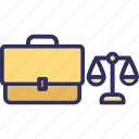 attorney, briefcase, justice, law, lawyer, scale, suitcase icon