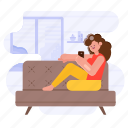 leisure, home, woman, girl, person, couch, furniture, furnishing, smartphone, device, people