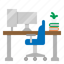 workspace, desk, computer, chair, plant