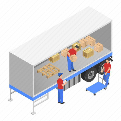 Cartoon, delivery, downloading, isometric, service, transportation, truck icon - Download on Iconfinder