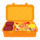 cartoon, child, food, fruit, lunchbox, open, water