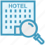 find, glass, hotel building, magnifier, magnifying glass, search, zoom 