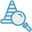 find, glass, magnifier, magnifying glass, road cone, search, zoom 
