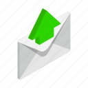 arrow, closed, document, envelope, green, isometric, up 