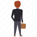 backside human, boss with briefcase, employee back view, manager, standing manager