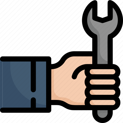 Factory, hand, holding wrench, industries, manufacturing, mass production, mechanic icon - Download on Iconfinder