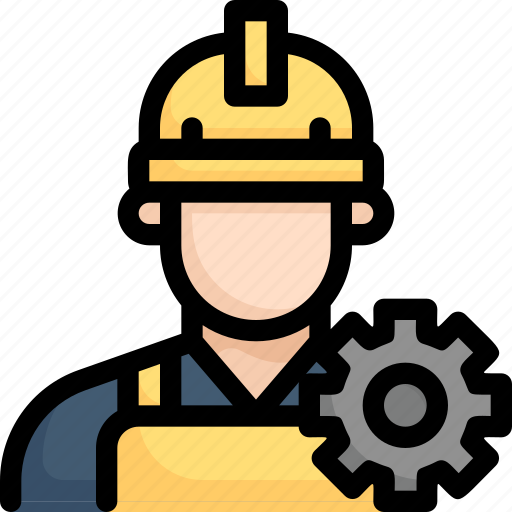 Factory, industries, man, manufacturing, mass production, mechanic, worker with gear icon - Download on Iconfinder