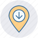 arrow, direction, down, geo location, location, map, pin