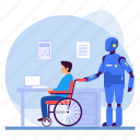 medical robot, hospital scenes, rehabilitation bot, handicapped, caregiver, doctors clinic, desk and laptop 