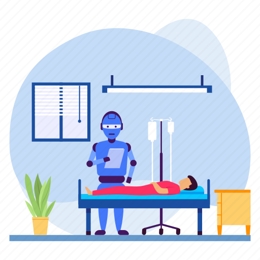 Robotic doctor, reading reports, robot nurse, patient, sick, window and plant, furniture illustration - Download on Iconfinder