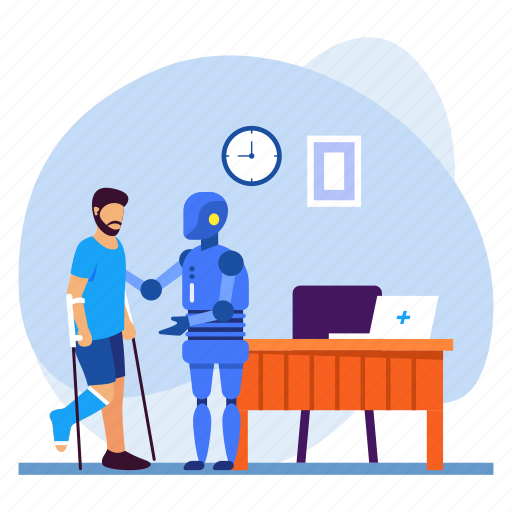 Doctors desk, physiotherapist robot, patient, treatment, helping, medcial scenes, recovery illustration - Download on Iconfinder