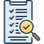 audit, inspect, examine, survey, review, overview, verification 